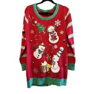 Ugly Christmas Sweater Red With Snowmen & Glitter Embellishments Long Sleeve Wom